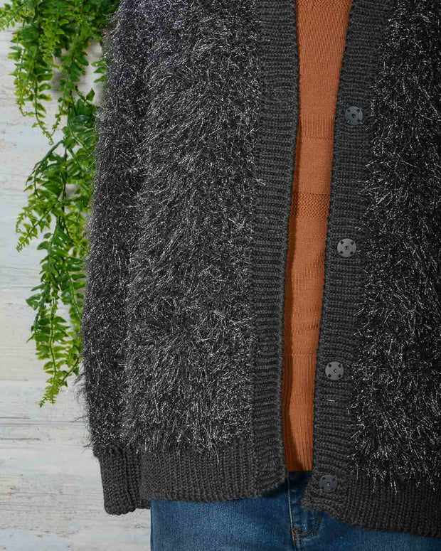 Cardigan donna in lana merino Roberto Collina B19020 colore grigio scuro con inserti in lurex -3