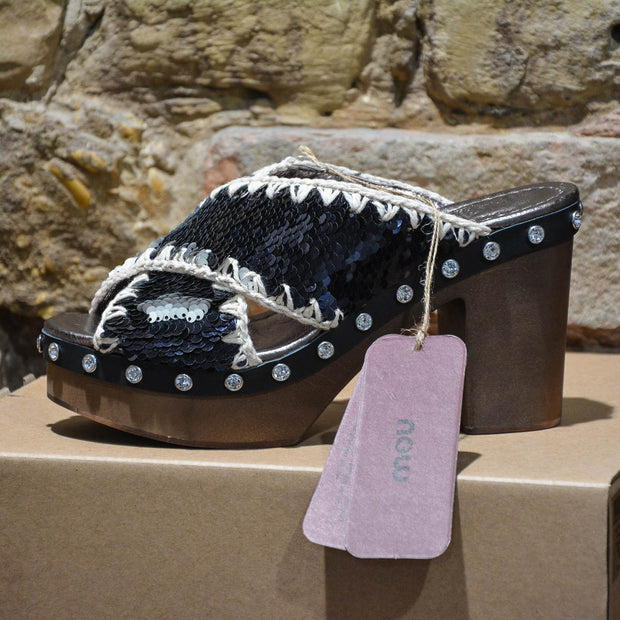 Sandali donna MOU CRISS-CROSS HIGH HEEL WOOD SEQUINS UPPER Black