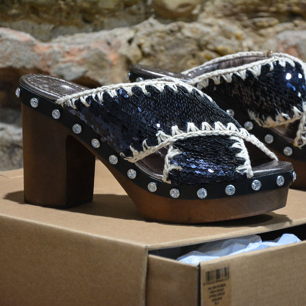 Sandali donna MOU CRISS-CROSS HIGH HEEL WOOD SEQUINS UPPER Black