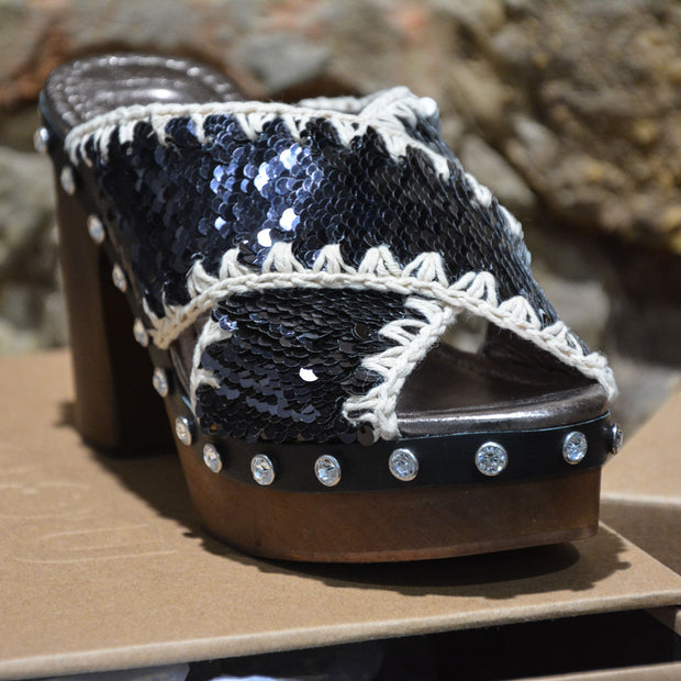 Sandali donna MOU CRISS-CROSS HIGH HEEL WOOD SEQUINS UPPER Black