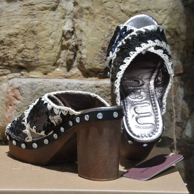 Sandali donna MOU CRISS-CROSS HIGH HEEL WOOD SEQUINS UPPER Black