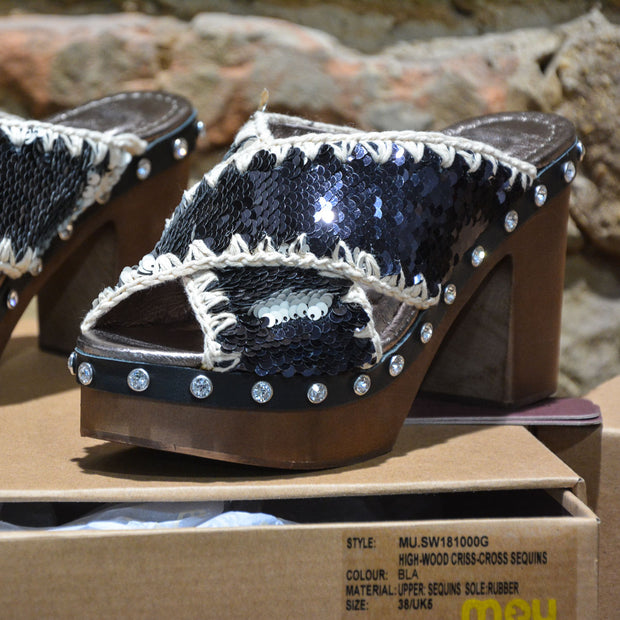 Sandali donna MOU CRISS-CROSS HIGH HEEL WOOD SEQUINS UPPER Black